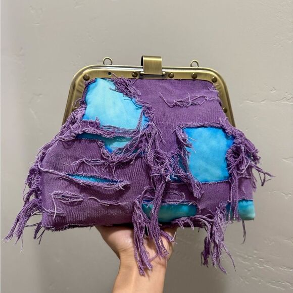 Unique Colorblock Cowhide Leather with Ripped Canvas, Metal Frame Bag, Crossbody - Picture 9 of 16